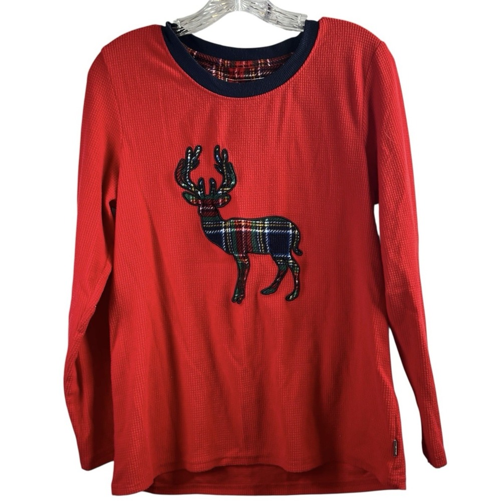 Eddie Bauer Sleepwear Waffle Top‎ Women's Small Red Plaid Reindeer Motif Holiday